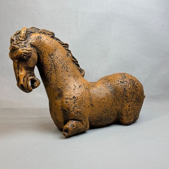 Vintage Rustic Brown Bitossi-Style Sitting Horse Statue Heavy Decor Piece 18" L - Picture 2 of 14